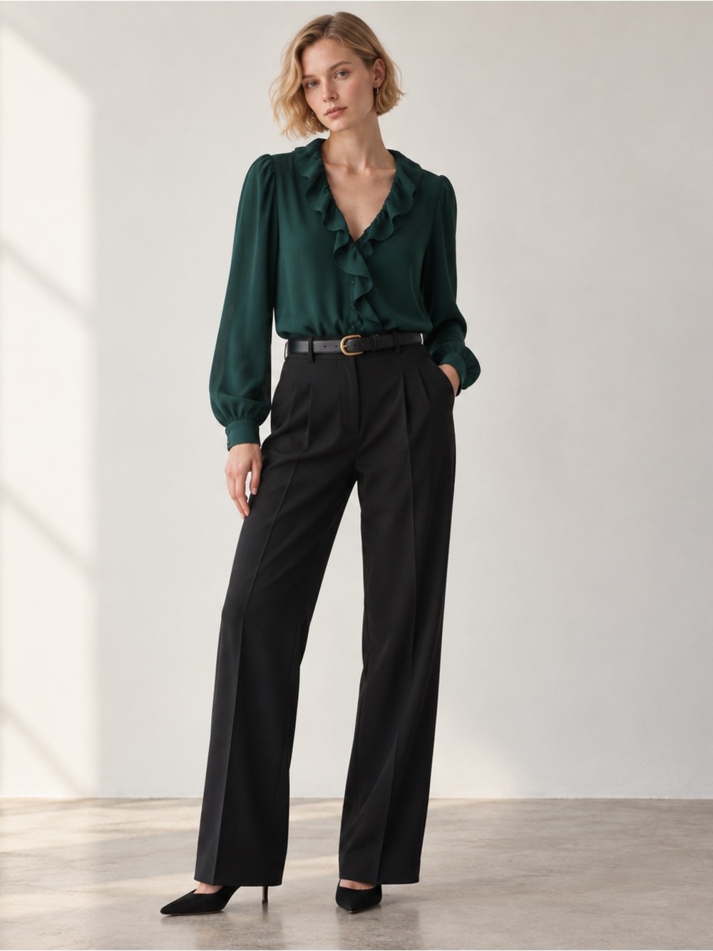 Aritzia Wilfred Tulip Blouse Scarab Dark Green Ruffle Long Sleeve Crepe Top M